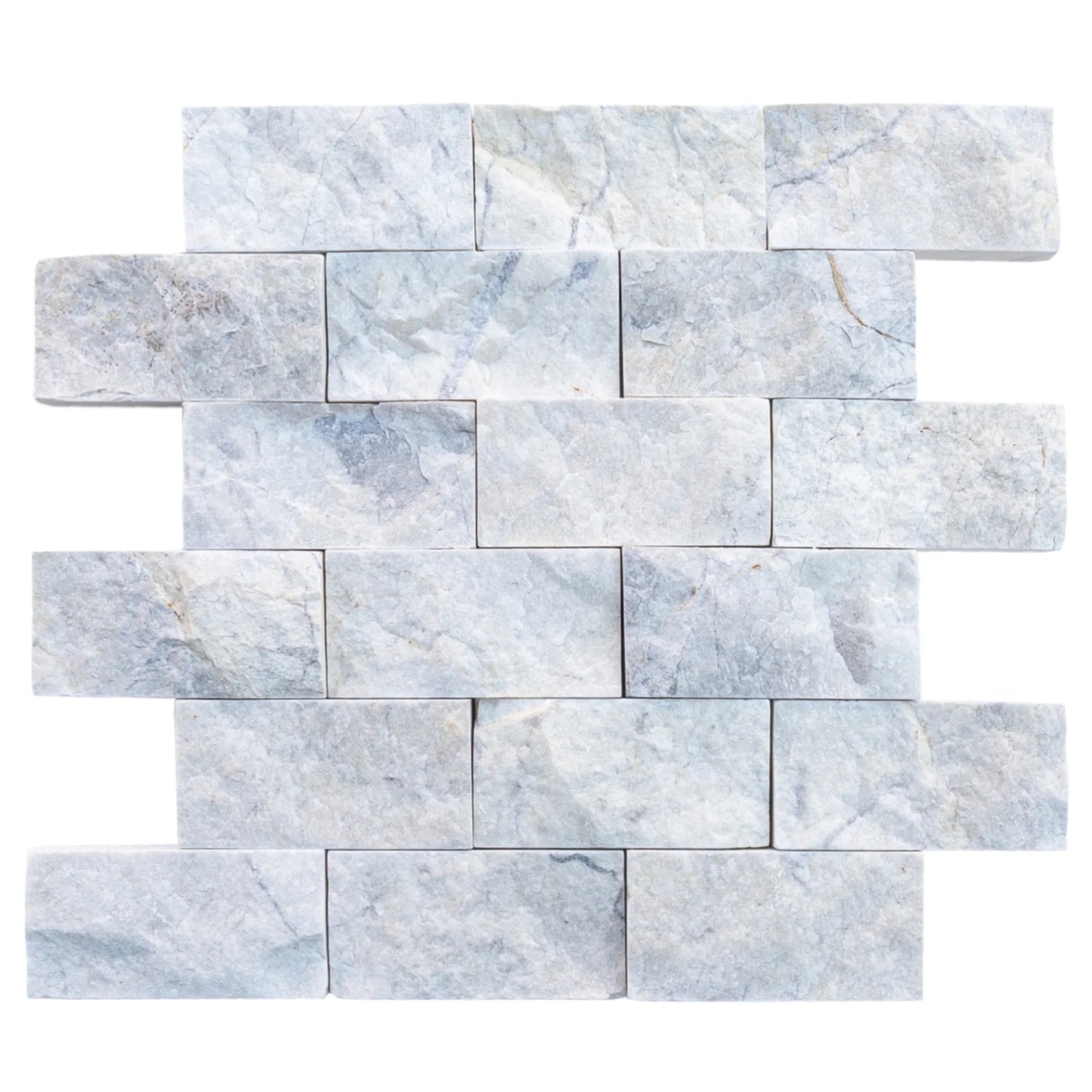 Palia White Dolomite 2"x4" Brick Split Face on 12" x 12" Mesh Mosaic Tile