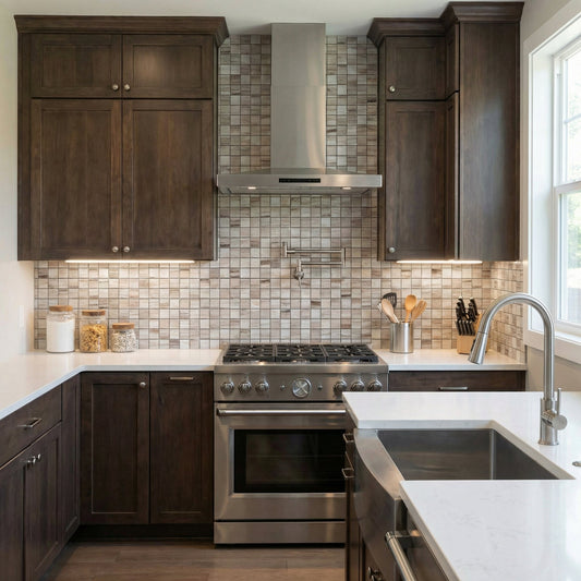 Modern kitchen with dark wood cabinets, stainless steel appliances, and a tiled backsplash. Palissandro Marble 2"x2" Polished on 12" x 12" Mesh Mosaic Tile