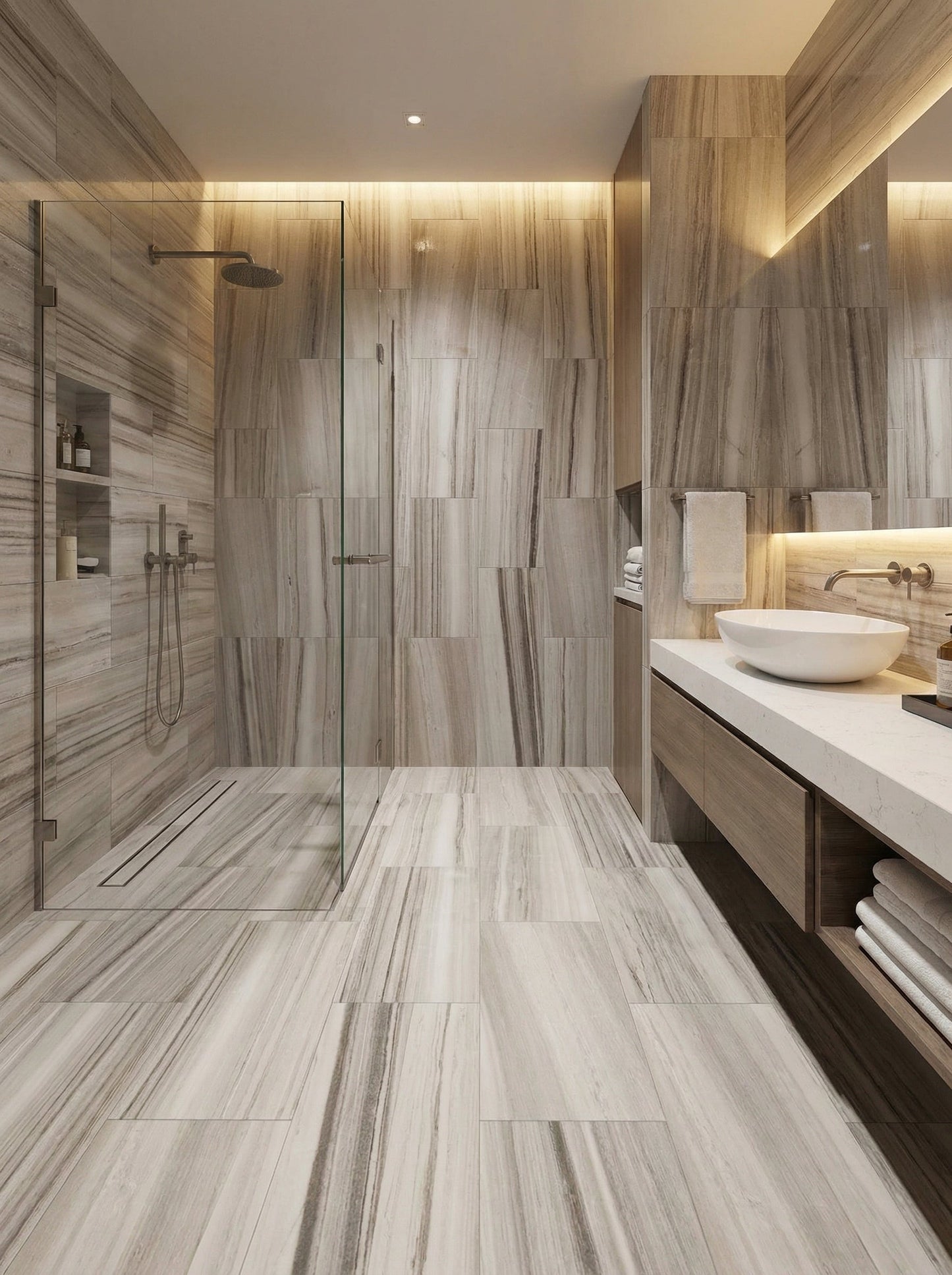 Modern bathroom with wooden tiles, shower, and sink area. Palissandro 12"x24" Polished Marble Tiles