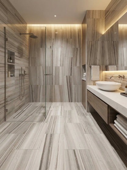 Modern bathroom with wooden tiles, shower, and sink area. Palissandro 12"x24" Polished Marble Tiles