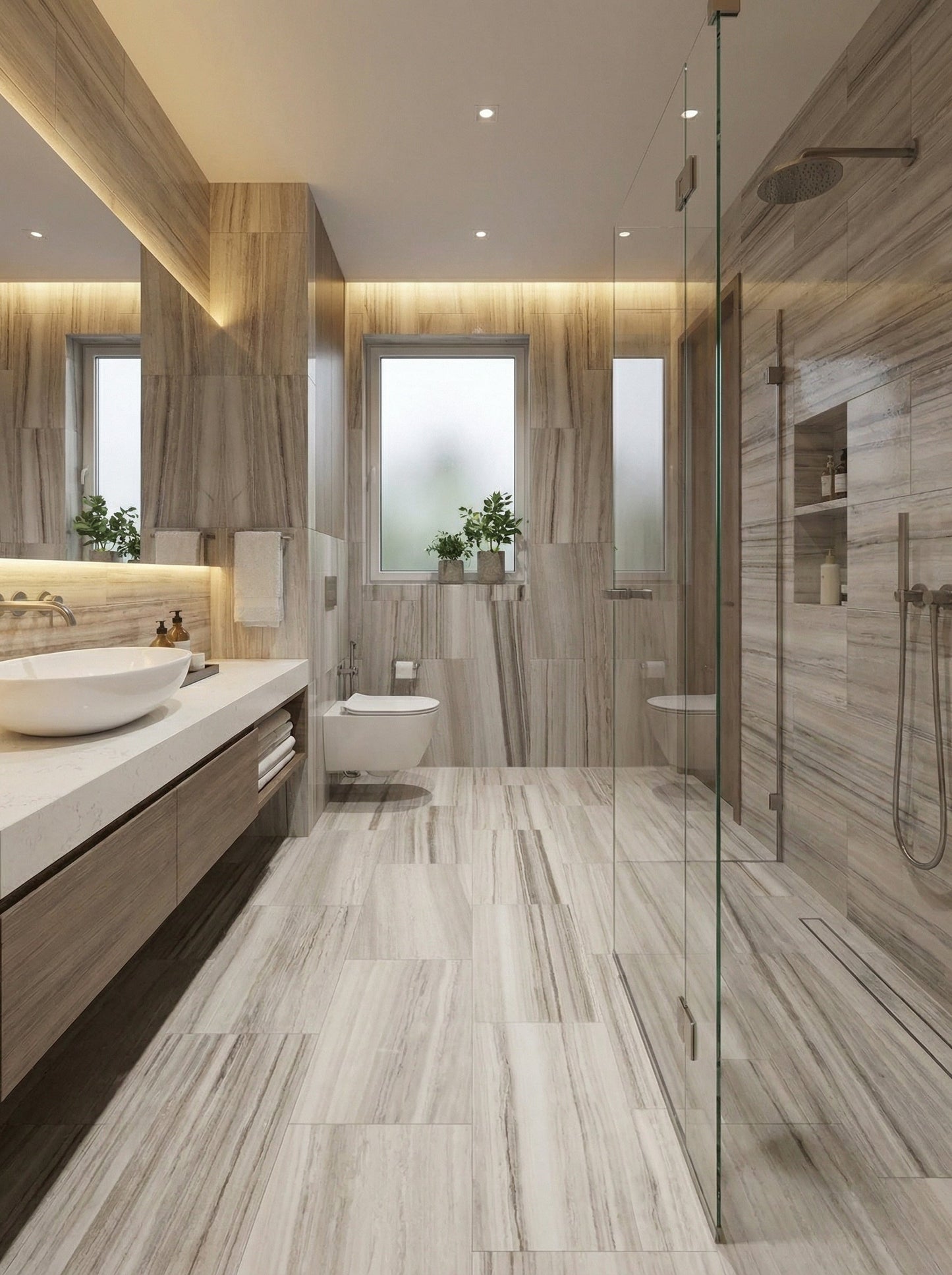 Modern bathroom with wooden tiles and glass shower enclosure Palissandro 12"x24" Polished Marble Tiles