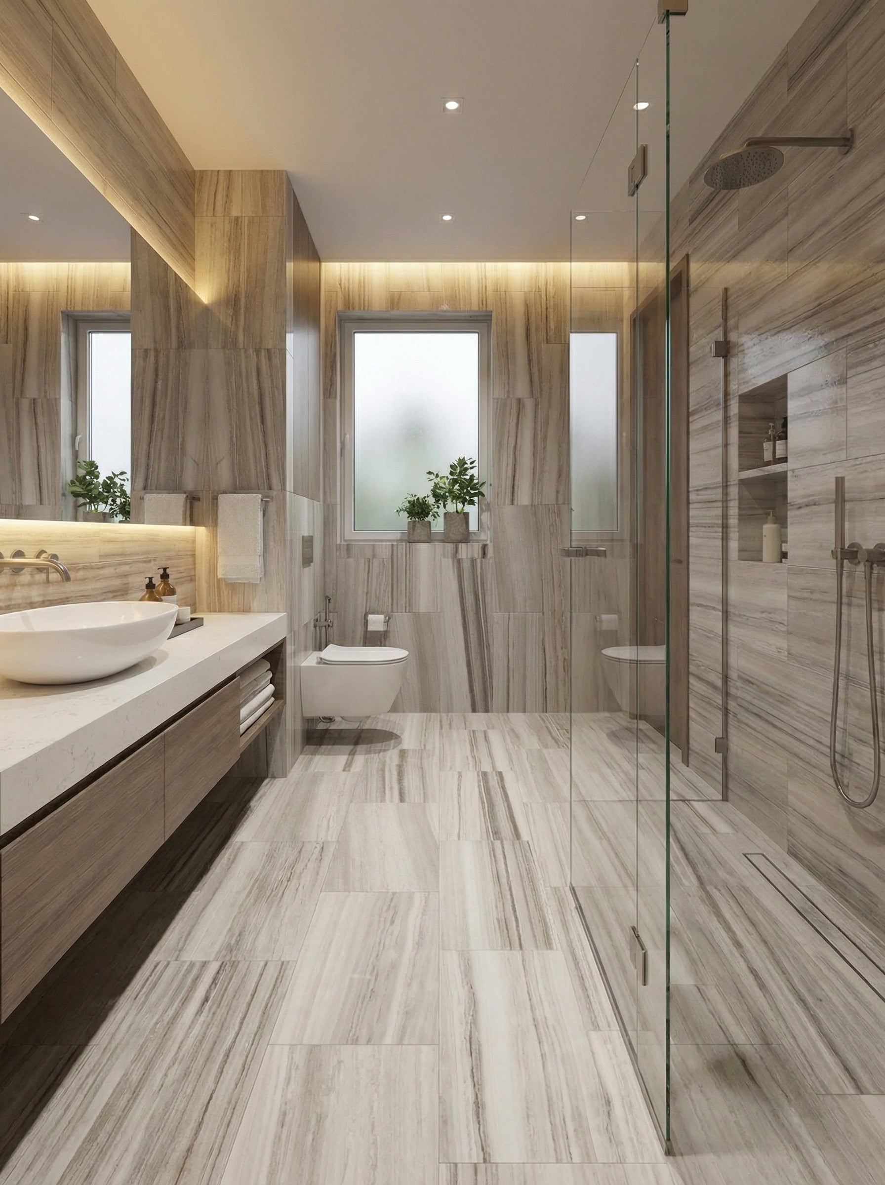 Modern bathroom with wooden tiles and glass shower enclosure Palissandro 12"x24" Polished Marble Tiles