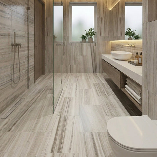 Modern bathroom with wooden tiles, shower, sink, and toilet. Palissandro 12"x24" Polished Marble Tiles