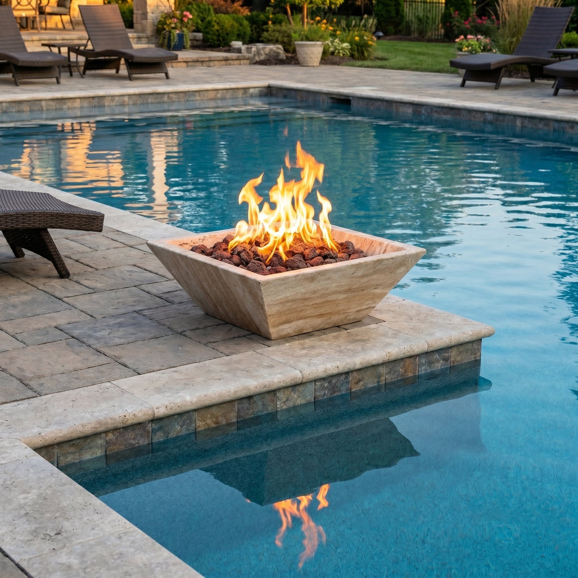 Fire pit by a pool with flames burning. Patara Beige Vein-Cut Travertine Natural Stone Fire Pit – 24" x 24" x 8"