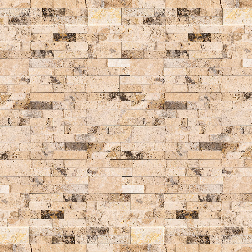 Philadelphia splitface ledger panel 6X24 natural travertine wall tile LPNLTPHI624 product shot multiple tiles angle view