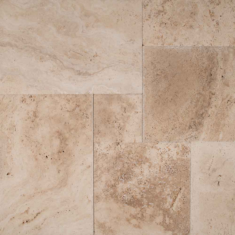 Picasso pattern honed unfilled chipped brushed travertine floor and wall tile TTPICASSO PAT HUCB product shot wall view