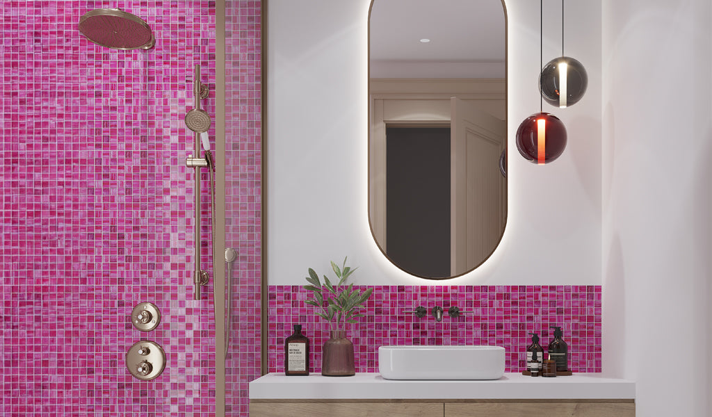 Fuchsia Pink 11x11 Glossy Matte Square Glass Mosaic Tile (5 pack, 4.43 sq ft/case) - Sample