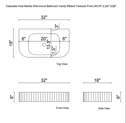 Calacatta Viola Marble Wall-mount Bathroom Vanity Sink Ribbed Textured Front (W)18" (L)32" (H)6" technical drawing