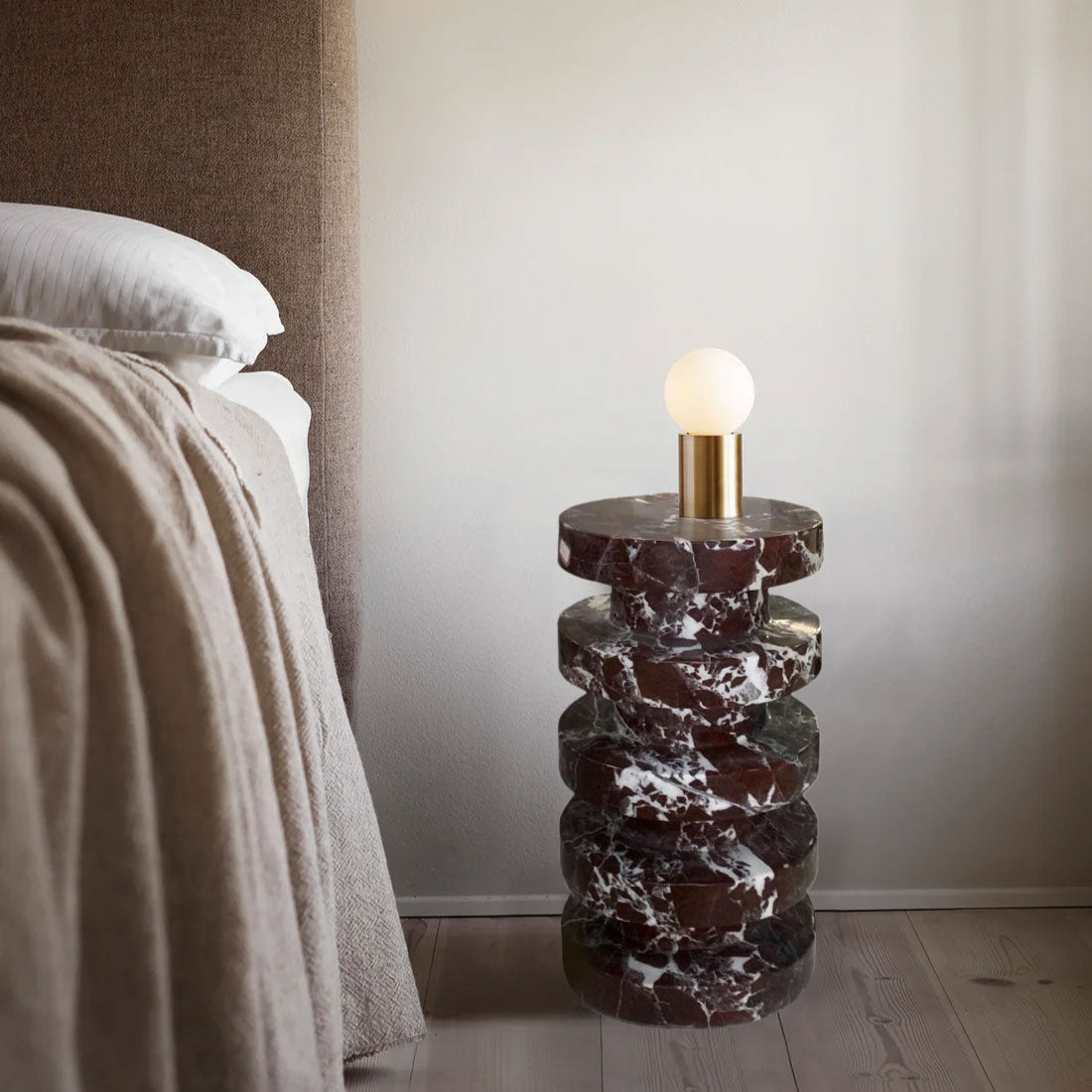Rosso Levanto Marble Plinth Designer Side Table Polished (D)12" (H)24" bedroom lamp on top