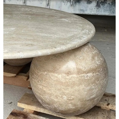 Troia Light Travertine Round Designer Coffee Table with Sphere Legs