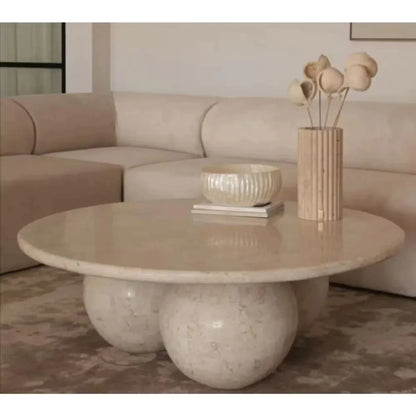 Troia Light Travertine Round Designer Coffee Table with Sphere Legs