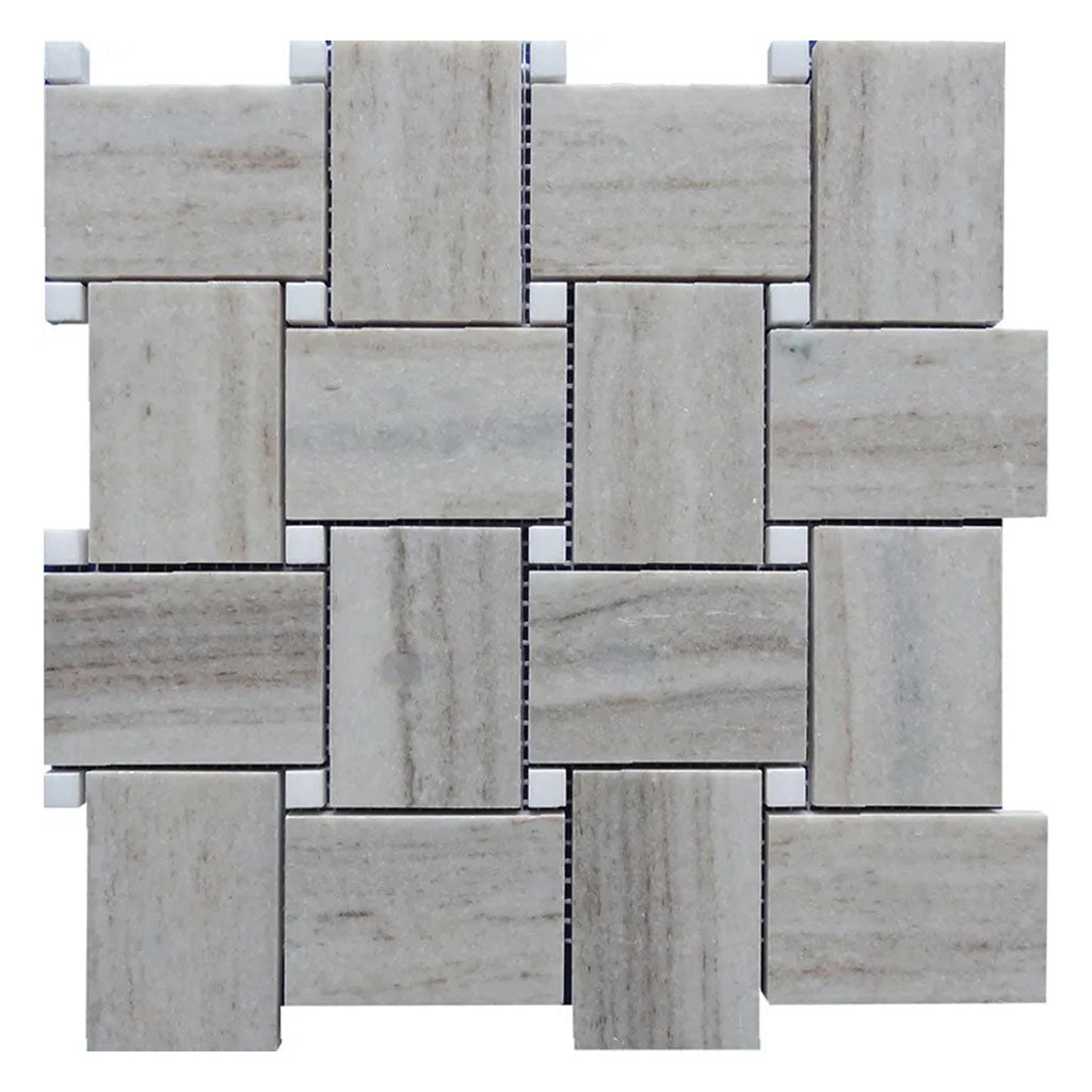 Light Beige with Soft Gray 11x11 Polished Basketweave Crystal Sand Thassoss Marble Mosaic Tile (5 pack, 4.13 sq ft/case)