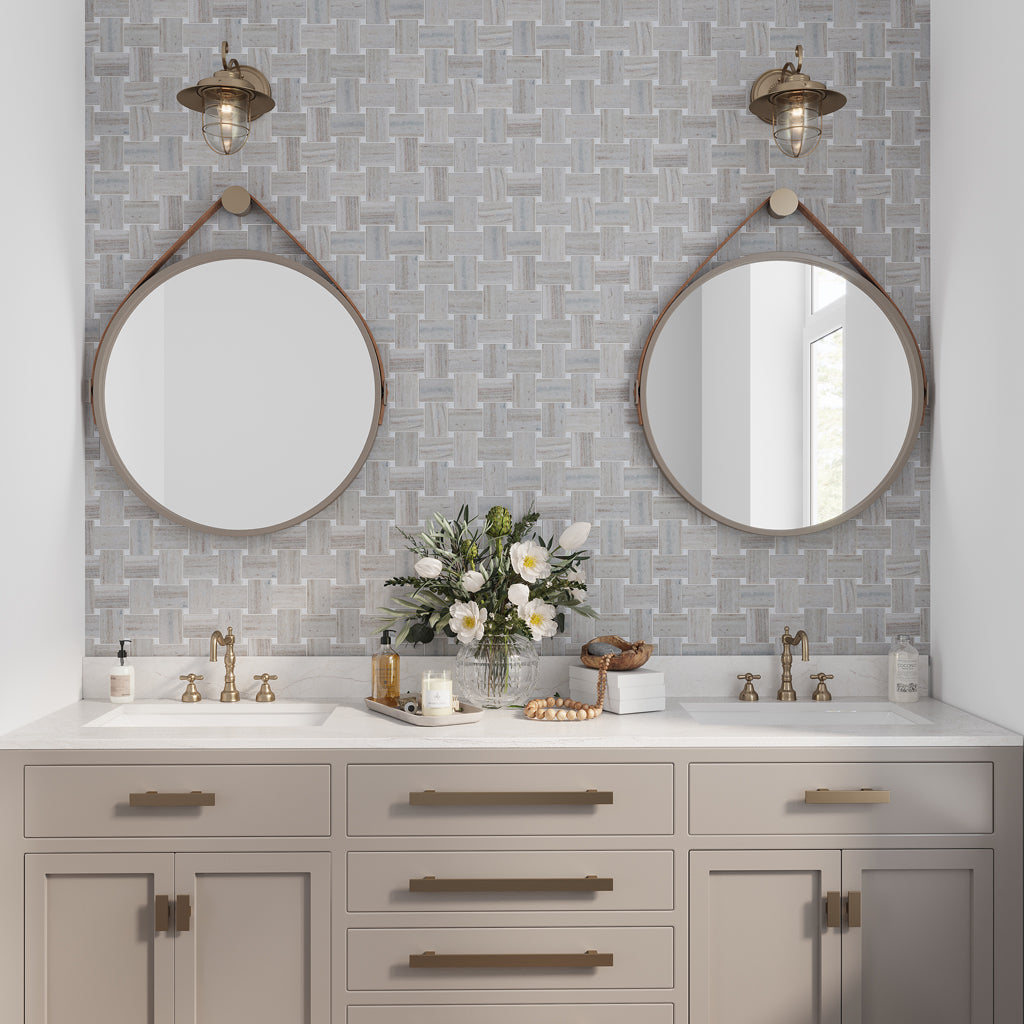 Light Beige with Soft Gray 11x11 Polished Basketweave Crystal Sand Thassoss Marble Mosaic Tile (5 pack, 4.13 sq ft/case)