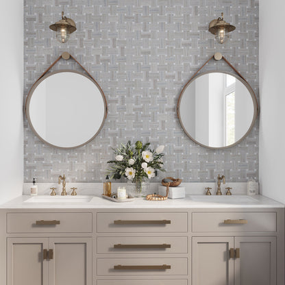 Light Beige with Soft Gray 11x11 Polished Basketweave Crystal Sand Thassoss Marble Mosaic Tile (5 pack, 4.13 sq ft/case)