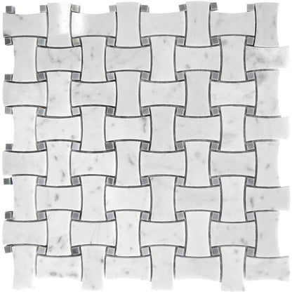 White 12x12 Polished Basketweave Bianco Carrara Bardiglio Nuvolato Marble Mosaic Tile (5 pack, 5 sq ft/case)