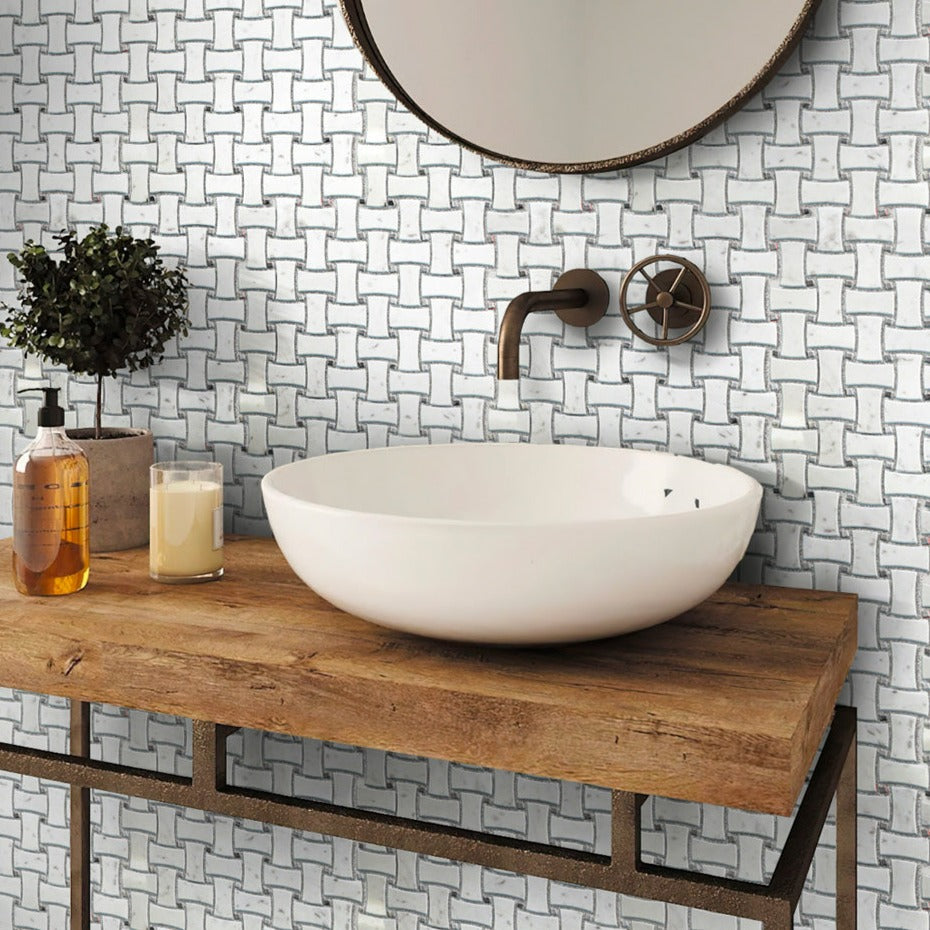 White 12x12 Polished Basketweave Marble Mosaic Tile (5 pack, 5 sq ft/case) - Sample