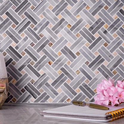 Gray 11x11 Polished Basketweave Bardiglio Nuvolato Marble Mosaic Tile (5 pack, 4.47 sq ft/case)