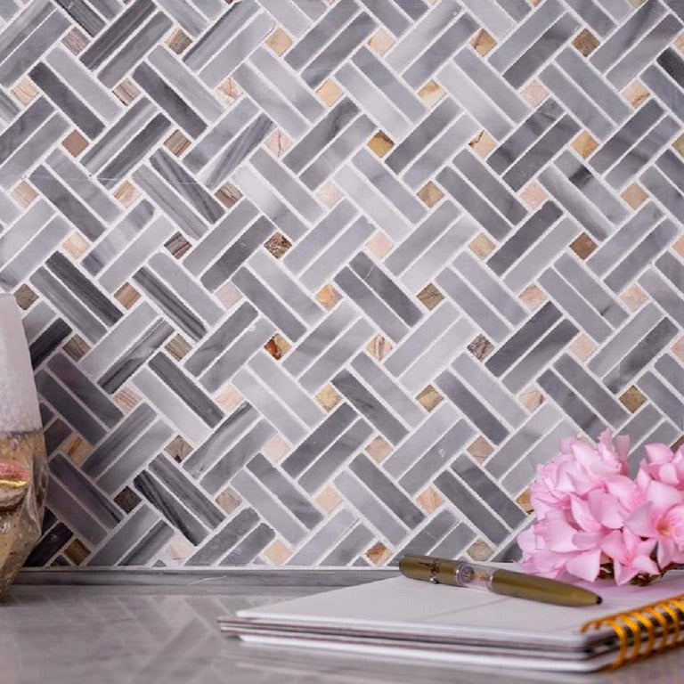 Gray 11x11 Basketweave Polished Marble Mosaic Tile (5 pack, 4.47 sq ft/case) - Sample