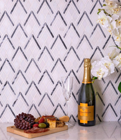 Gray White 9x10 Polished Herringbone Marble Mosaic Tile (5 pack, 2.99 sq ft/case) - Sample