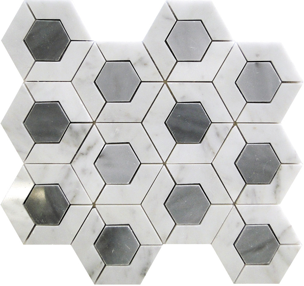 Gray White 11x13 Polished Hexagon Bardiglio Nuvolato Bianco Carrara Marble Mosaic Tile (5 pack, 5.15 sq ft/case)