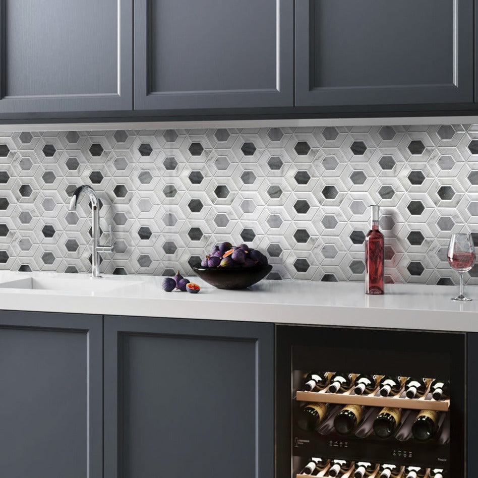 Gray White 11x13 Polished Hexagon Bardiglio Nuvolato Bianco Carrara Marble Mosaic Tile (5 pack, 5.15 sq ft/case)