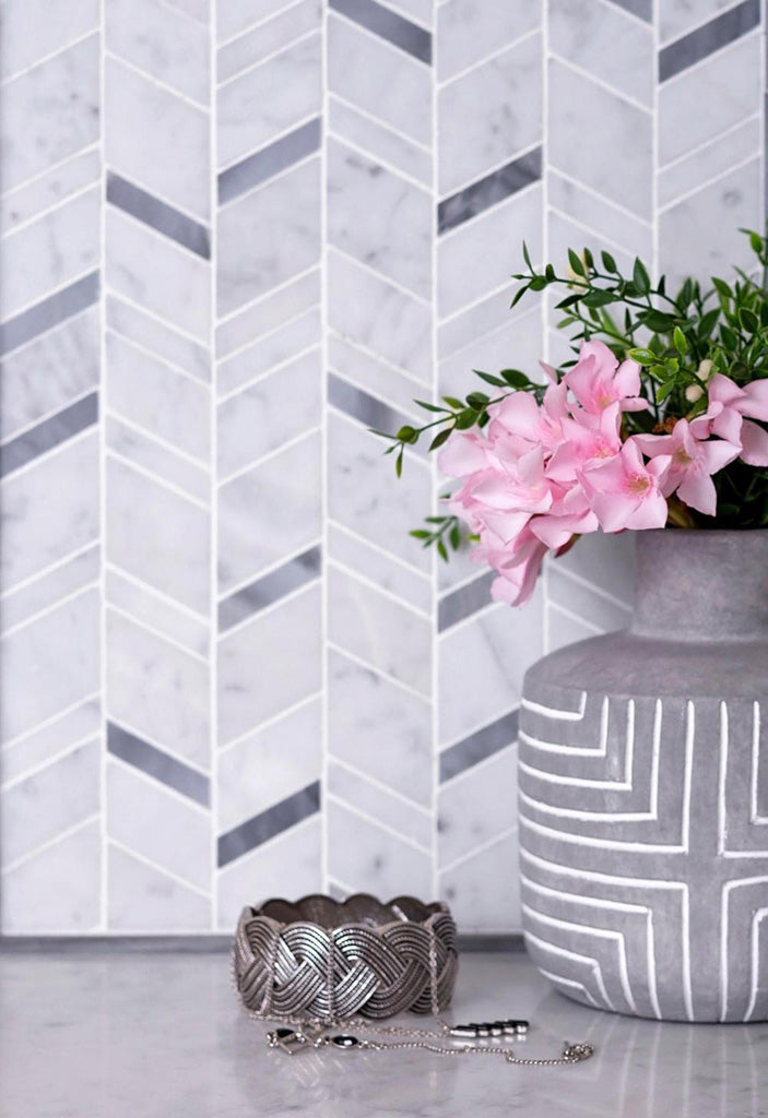 White Gray 11x13 Polished Herringbone Bardiglio Nuvolato Bianco Carrara Marble Mosaic Tile (5 pack, 4.95 sq ft/case)