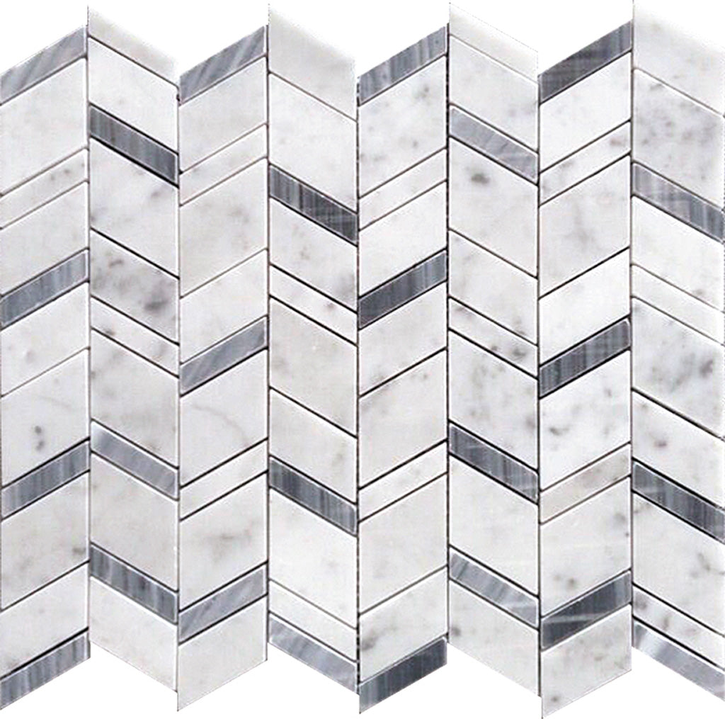 White Gray 11x13 Polished Herringbone Bardiglio Nuvolato Bianco Carrara Marble Mosaic Tile (5 pack, 4.95 sq ft/case)