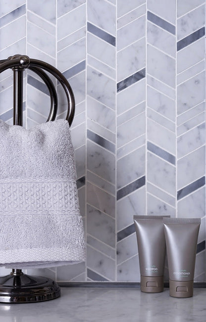 White Gray 11x13 Polished Herringbone Bardiglio Nuvolato Bianco Carrara Marble Mosaic Tile (5 pack, 4.95 sq ft/case)