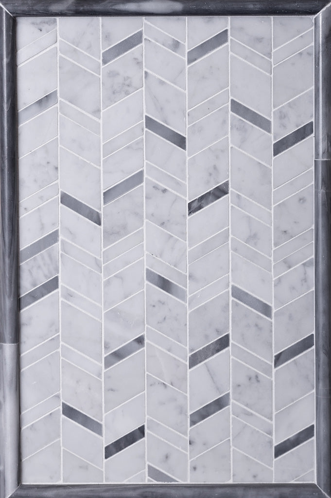 White Gray 11x13 Polished Herringbone Bardiglio Nuvolato Bianco Carrara Marble Mosaic Tile (5 pack, 4.95 sq ft/case)