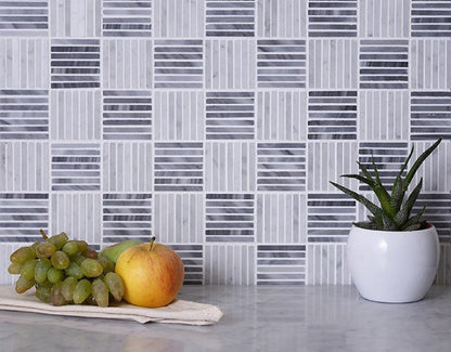 White Gray 12x12 Polished Brick Bardiglio Nuvolato Bianco Carrara Marble Mosaic Tile (5 pack, 5 sq ft/case)