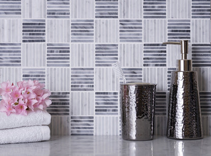 White Gray 12x12 Polished Brick Bardiglio Nuvolato Bianco Carrara Marble Mosaic Tile (5 pack, 5 sq ft/case)