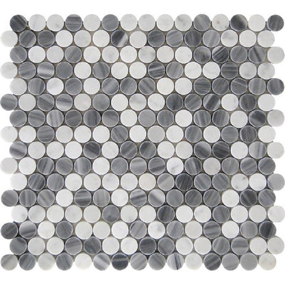 White Gray 11x12 Polished Penny Round Marble Mosaic Tile (5 pack, 4.83 sq ft/case) - Sample
