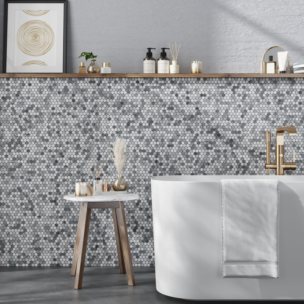 White Gray 11x12 Polished Penny Round Bardiglio Nuvolato Carrara Marble Mosaic Tile (5 pack, 4.83 sq ft/case)