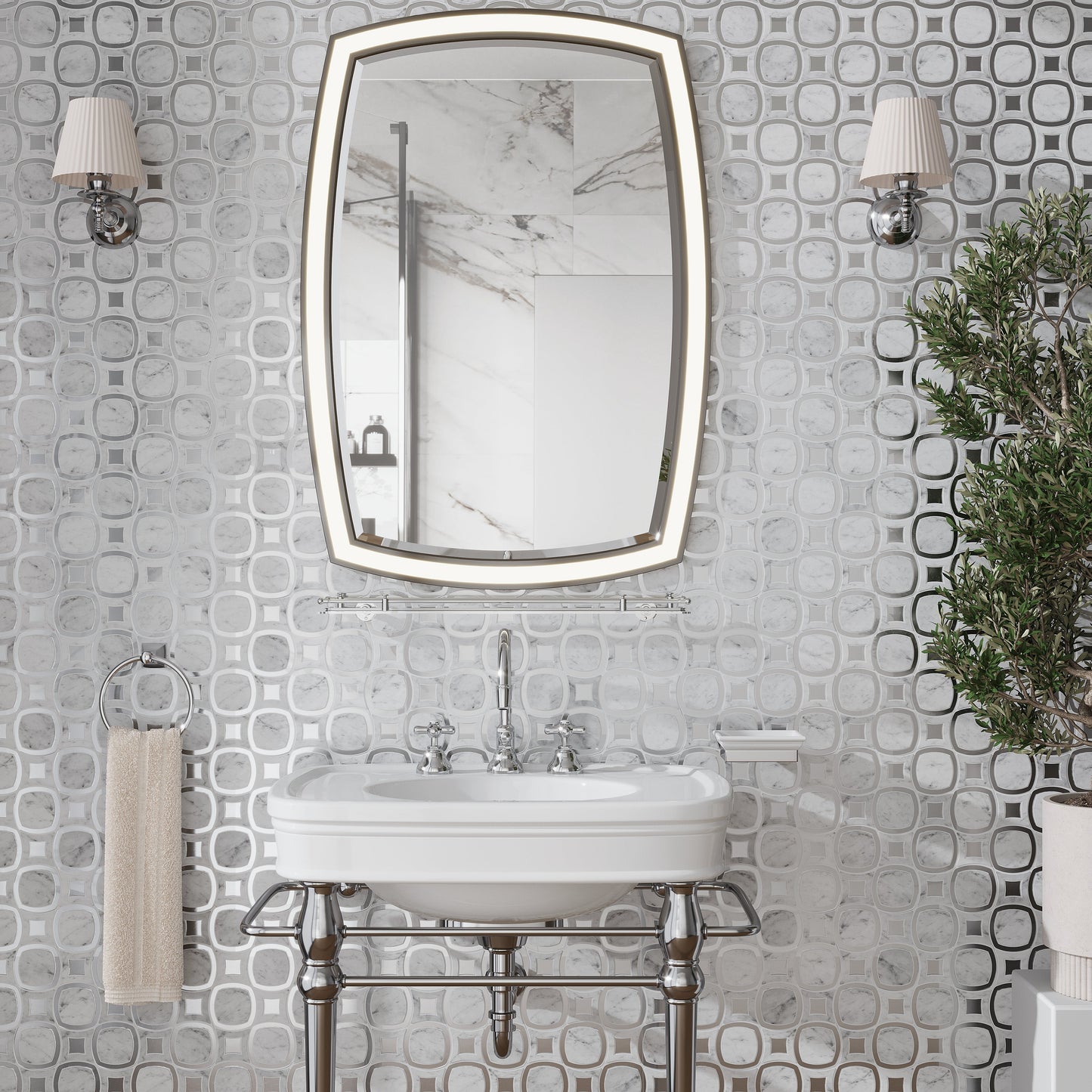 Cloud White Silver 11x11 Polished Glossy Octagon Marble Glass Mosaic Tile (5 pack, 4.51 sq ft/case) - Sample