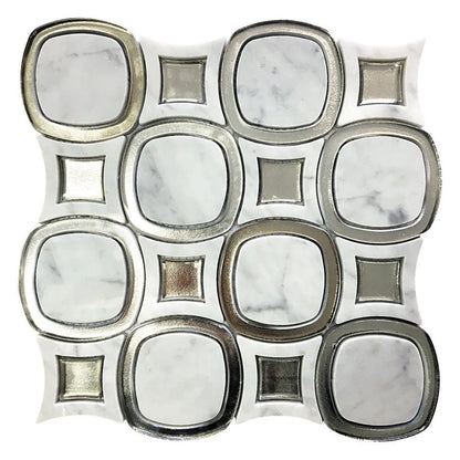 Cloud White Silver 11x11 Polished Glossy Octagon Marble Glass Mosaic Tile (5 pack, 4.51 sq ft/case) - Sample