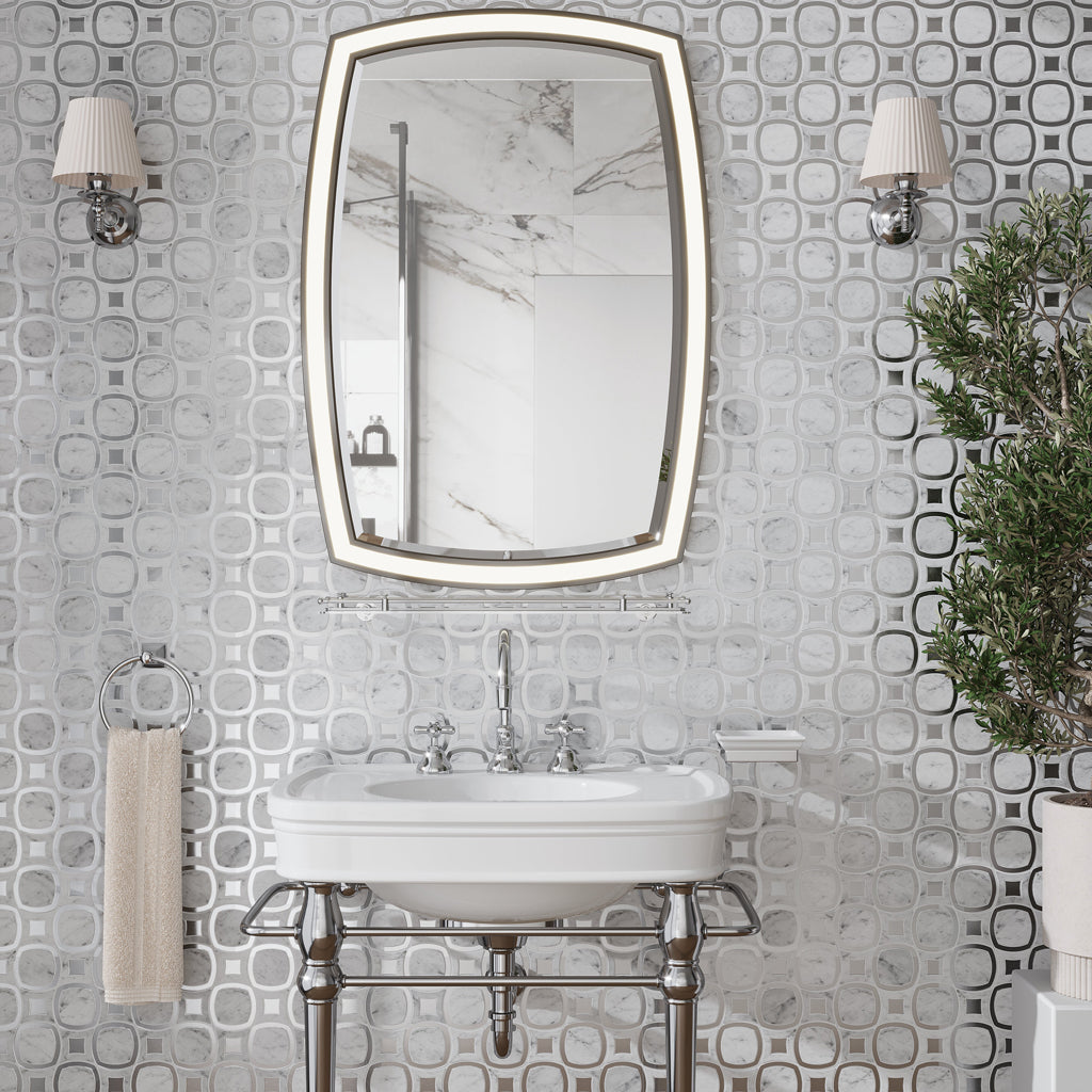 Cloud White Silver 11x11 Polished Glossy Octagon Bianco Carrara Glass Marble Mosaic Tile (5 pack, 4.51 sq ft/case)