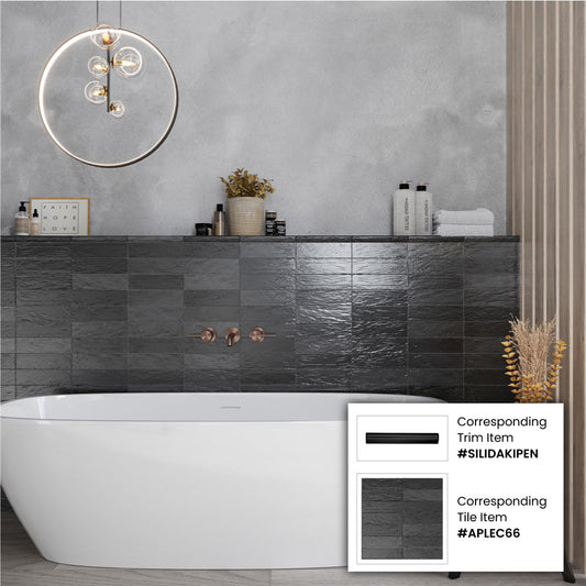 Black 1.25x8 Matte Glossy Ceramic Bullnose Tile Trim (10 pack, 0.667 sq ft/case) - Sample