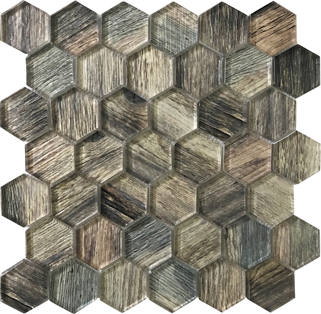 Wooden Brown 12x12 Glossy Hexagon Glass Mosaic Tile (5 pack, 4.83 sq ft/case)