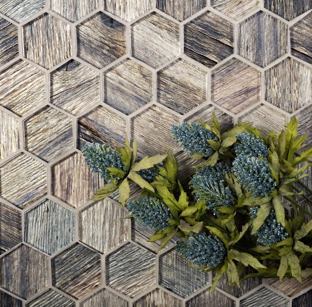Wooden Brown 12x12 Glossy Hexagon Glass Mosaic Tile (5 pack, 4.83 sq ft/case)