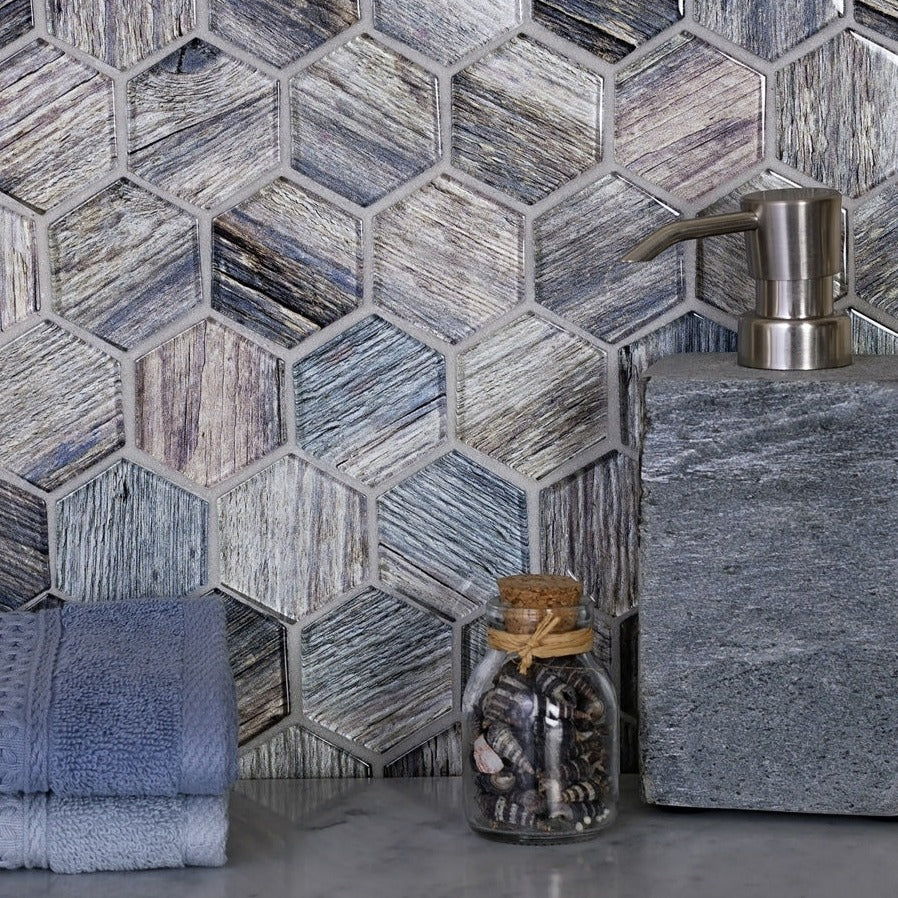 Wooden Brown 12x12 Glossy Hexagon Glass Mosaic Tile (5 pack, 4.83 sq ft/case)