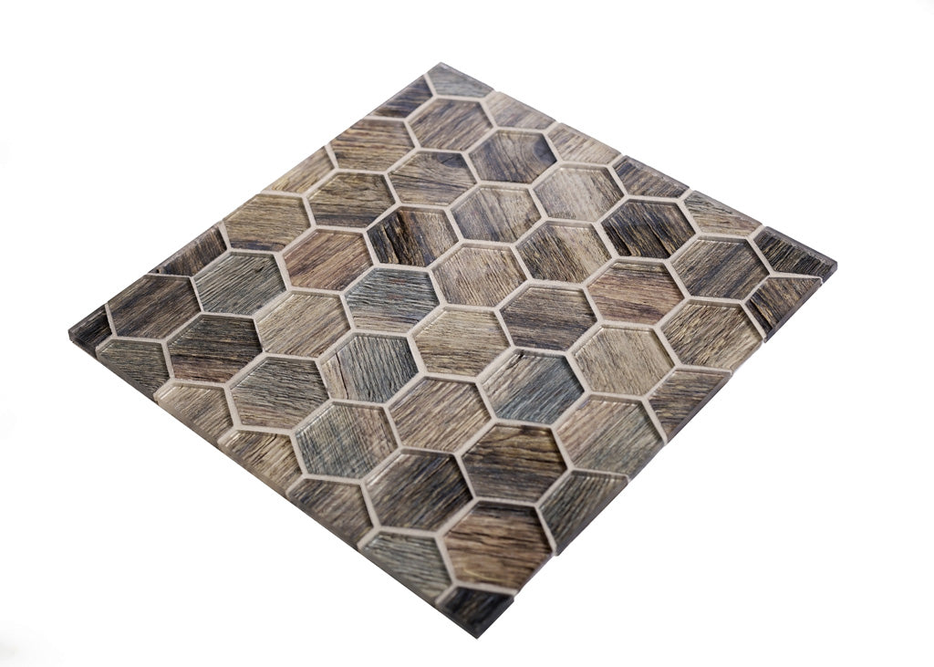 Wooden Brown 12x12 Glossy Hexagon Glass Mosaic Tile (5 pack, 4.83 sq ft/case)