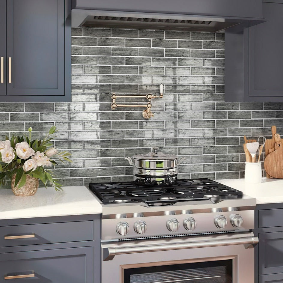 Light Gray 12x12 Glossy Brick Glass Mosaic Tile (5 pack, 4.83 sq ft/case)