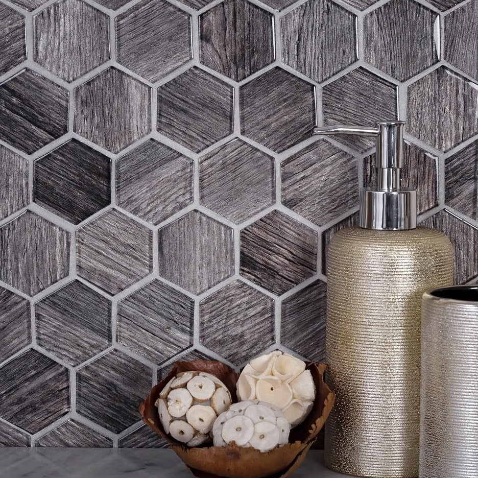 Brown 12x12 Glossy Hexagon Glass Mosaic Tile (5 pack, 4.83 sq ft/case) - Sample