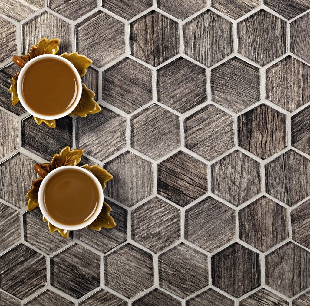 Brown 12x12 Glossy Hexagon Glass Mosaic Tile (5 pack, 4.83 sq ft/case) - Sample