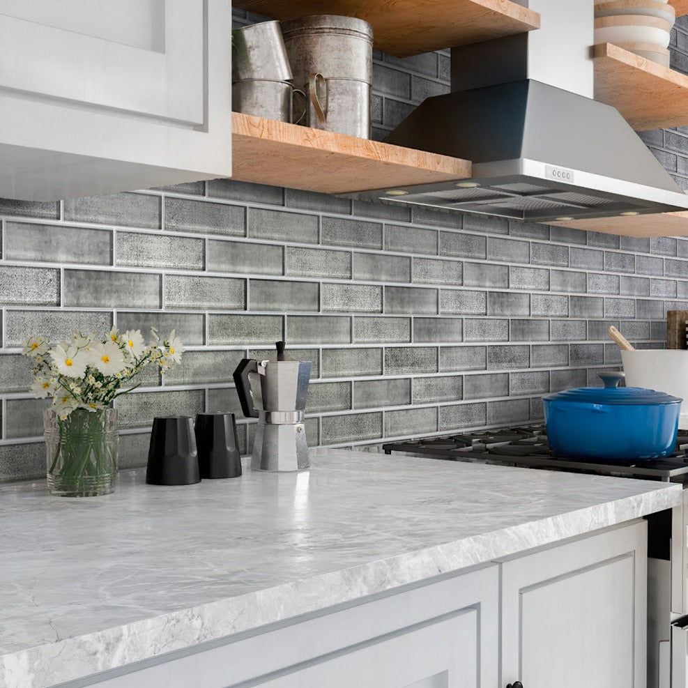 Gray 12x12 Glass Glossy Brick Mosaic Tile (5 pack, 4.83 sq ft/case) - Sample