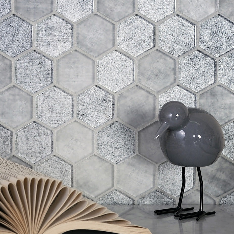 Gray 12x12 Glossy Hexagon Glass Mosaic Tile (5 pack, 4.83 sq ft/case)