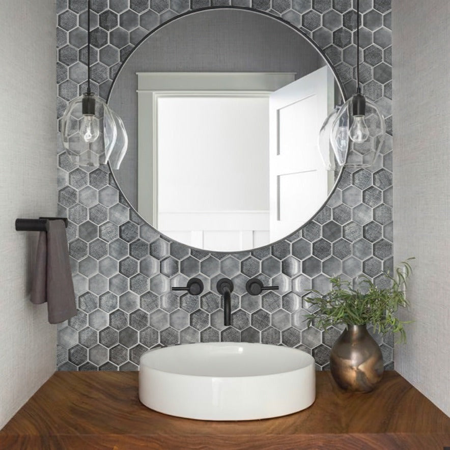 Coin Gray 12x12 Glossy Hexagon Glass Mosaic Tile (5 pack, 4.83 sq ft/case) - Sample