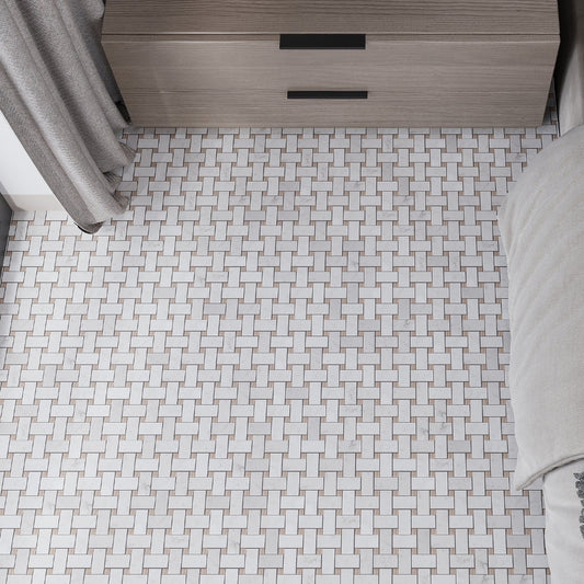 Bianco Carrara, Eastern Beige 12x12 Polished Basketweave Marble Mosaic Tile (5 pack, 5 sq ft/case)