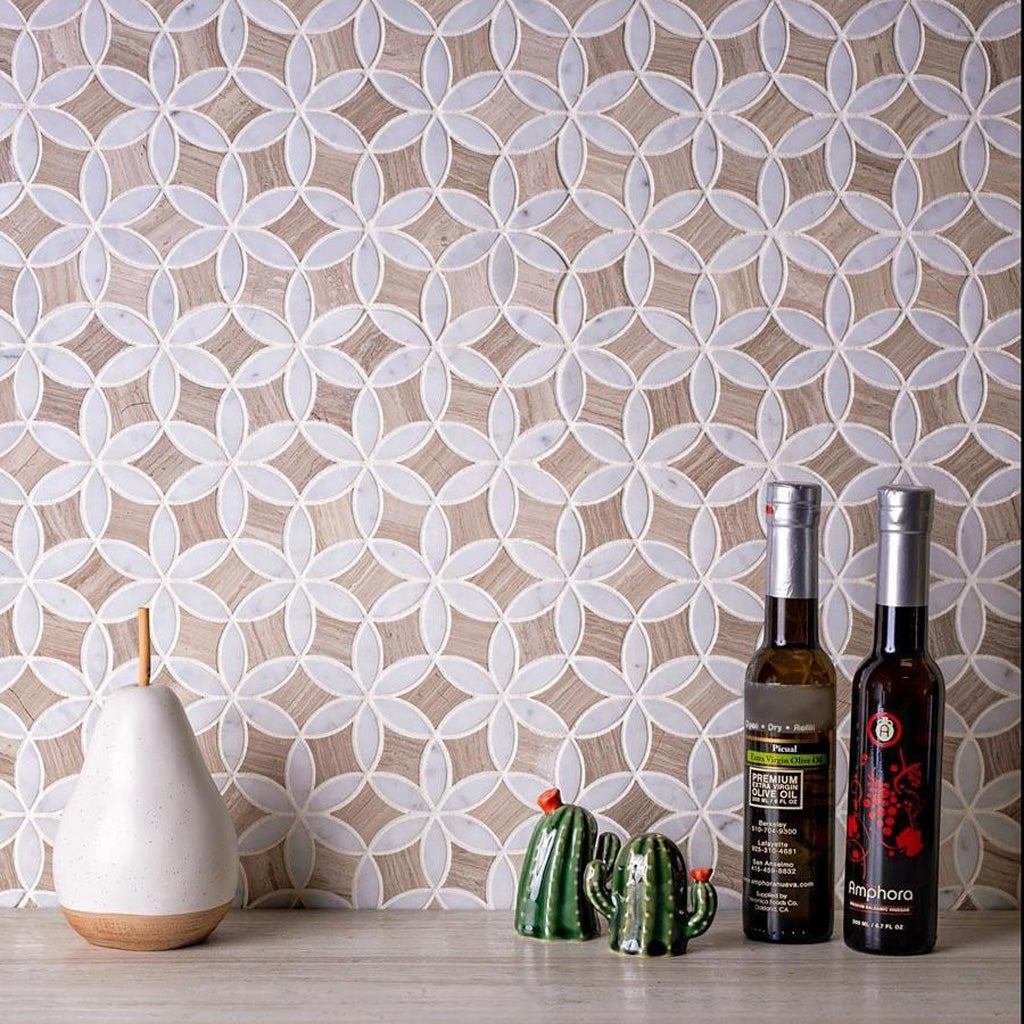 Wooden Beige Bianco Carrara 12x15 Polished Multi-shaped Marble Mosaic Tile (5 pack, 6.175 sq ft/case)