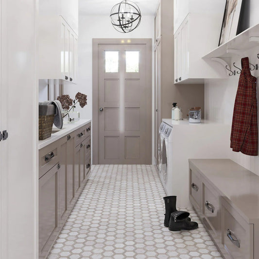 Bianco Carrara, Wooden Grey 12x14 Polished Hexagon Marble Mosaic Tile (5 pack, 5.48 sq ft/case)